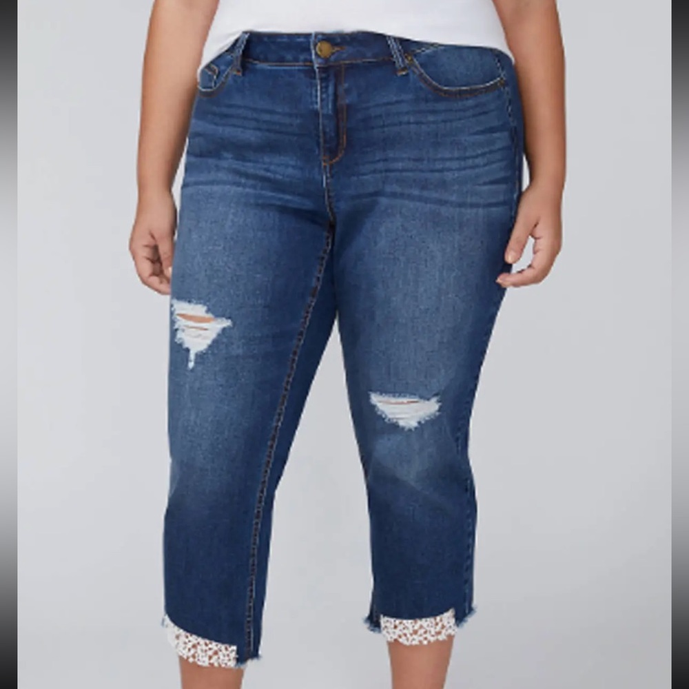 LANE BRYANT Girlfriend Crop Jeans Lace Step Hem Pants Plus 24.